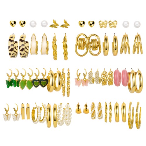 32 Pairs Gold Hoop Earrings Set for Women Girls, Fashion Chain Link Hoop Stud Drop Dangle Earrings Boho Statement Hypoallergenic Earrings for Christmas Jewelry Gift - 