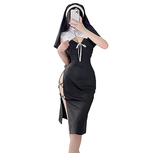 JasmyGirls Cosplay Lingerie Sexy Nun Costume Naughty Anime Devil Roleplay Maid Outfit Halloween Goth High Slit Dress Up Nightgowns