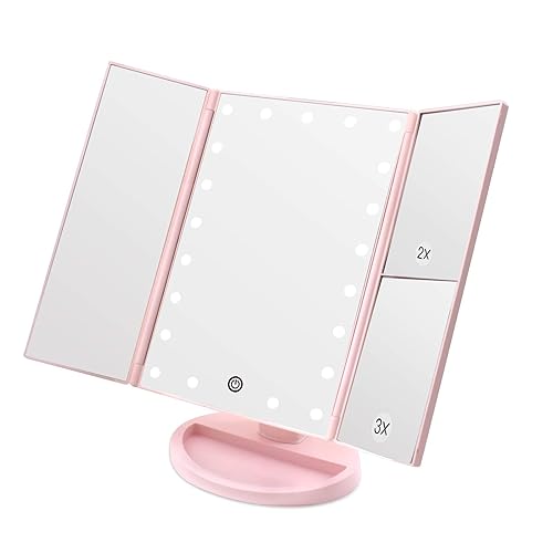 WEILY Lighted Makeup Mirror with 2X/3X Magnifying, 21 LED Lights, Dual Power Supply, Adjustable Brightness and Angle (Pink)