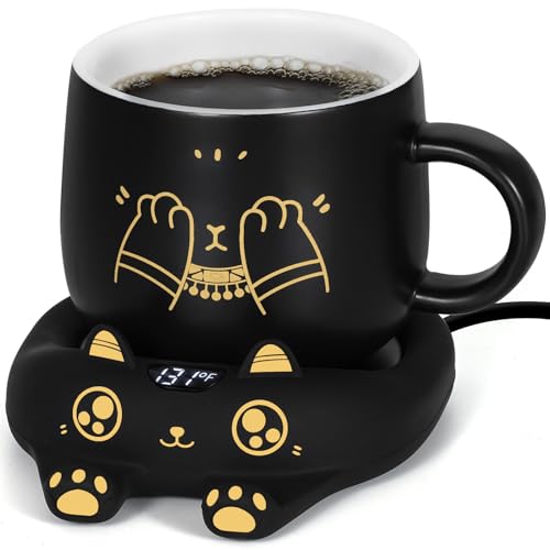 PUSEE Coffee Mug Warmer & Cute Cat Mug Set, Coffee Cup Warmer for Desk with Auto Shut Off, Beverage Warmer with 3 Temp Settings, Candle Warmer Coffee Warmer with Mug Set for Christmas & Birthday Gifts - Warmer+black mug