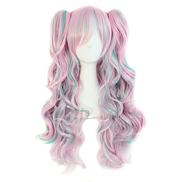 MapofBeauty Multi-color Lolita Long Curly Clip on Ponytails Cosplay Wig (Pink/Blue)