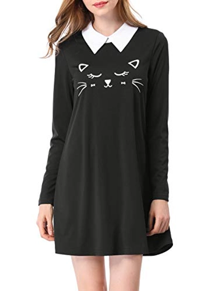 Allegra K Women's Halloween Cat Face Printed Contrast Collar Swing Flare Mini Dress
