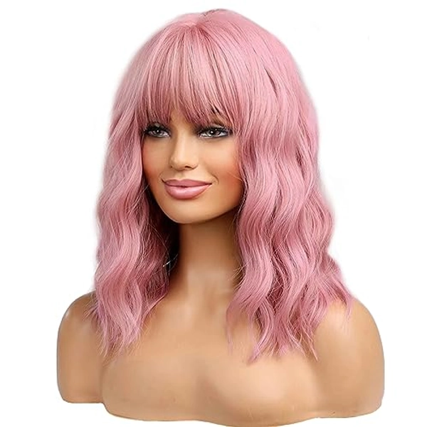 BERON 14 Inches Pink Wig for Women Girls Short Curly Synthetic Wig with Bangs Lovely Pink