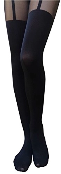 AM Landen Cute Women's Tight Large size Japanese Black Two Tone Garter Mock Thigh High Tatoo Printed Pantyhose