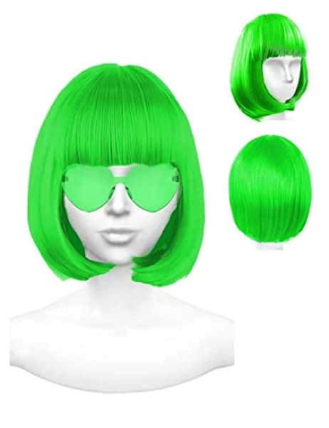 COSPLAZA Bright Grass Green Short Bob Hair Wigs Colorful Cosplay Costume Wig Daily Party Hairpiece for Women Girls with Bangs
