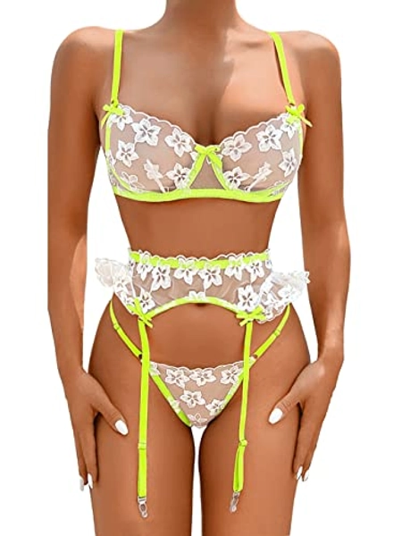 Kaei&Shi Garter Lingerie for Women,Underwire Embroidered Sexy Lingerie,Ruffle 3 Piece Lingerie Set