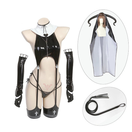 Soul Snatch | "Devilish Seduction" Succubus Nun Lingerie Set - M+ / Veil + horns + gloves + black Suit + socks + whip + 5 tattoo stickers