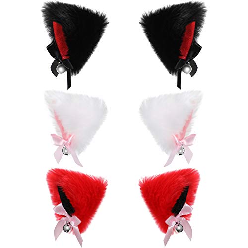 Chuangdi 3 Pairs Cat Ears Hair Clip with Bell Cosplay Girl Plush Furry Animal Ears Hair Clip Hairband for Halloween Costume Cosplay Party Dress, Black, White, Red