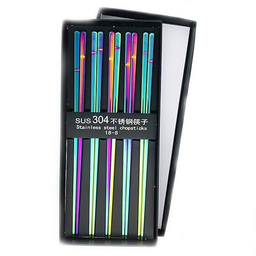 Koolemon 5pairs Polished Multicolor Rainbow 304 Stainless Steel Chopsticks Set,Metal Chopsticks Reusable, Dishwasher Safe, Traditional Chopstick,9.3inch,Chinese Japanese Chop stick