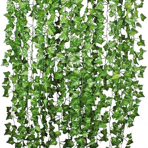 DearHouse 84 Feet 12 Strands Artificial Ivy Leaf Plants Vine Hanging Garland Fake Foliage Flowers Home Kitchen Garden Office Wedding Wall Decor, Green - 84 Feet