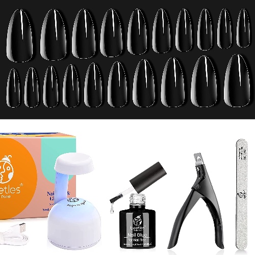 Beetles Easy Gel Tips Nail Extension Kit, 2 In 1 Nail Glue Gel Base Coat with Pre-shaped Medium Almond Nails and UV LED Nail Lamp Acrylic Nail Clipper for DIY Manicure - Medium Almond
