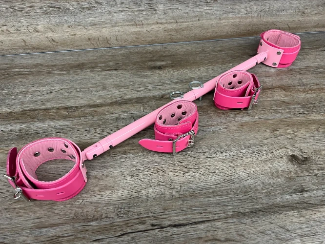 Pretty in Pink Adjustable Bondage Stocks BDSM Spreader Bar (Leather Cuff Color: Pink)