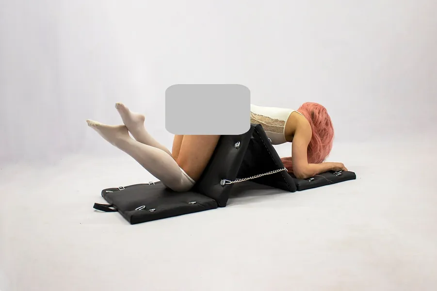 Extra long BONDAGE BOARD with bondage restraints for spanking or whipping. BDSM bed, dungeon chair for cbt. Fetish furniture