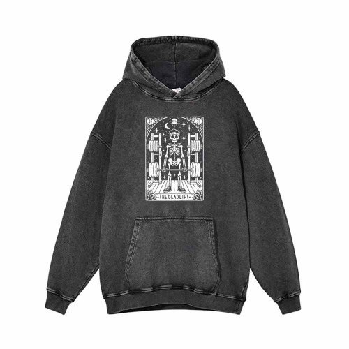 The Deadlift Tarot Card Skull Vintage Washed Hoodie - Black / XL (Bust 124 cm)