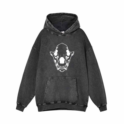 Horrible Monster Skull Head Vintage Washed Hoodie - Black / XL (Bust 124 cm)