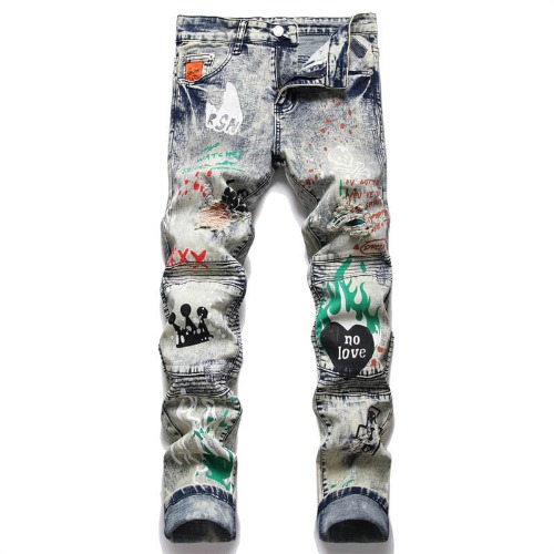 Punk-print Paneled Ripped Cotton Mid-rise Pants - Cotton / 38