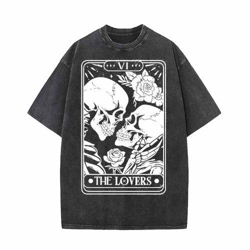 Skeleton Lovers Tarot Card Vintage Washed T-shirt - Black / XL (Bust 112 cm)
