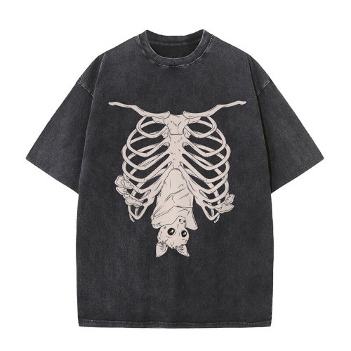 Vintage Washed Creepy Bat Skeleton T-shirt - Black / XL (Bust 112 cm)
