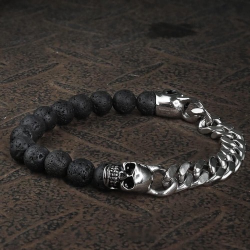 Cuban Chain And Volcanic Rock Skull Bracelet - Stainless Steel / Volcanic Rock / 20 CM