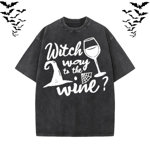 Funny Witch Wine Vintage Washed T-shirt - Black / XL (Bust 112 cm)