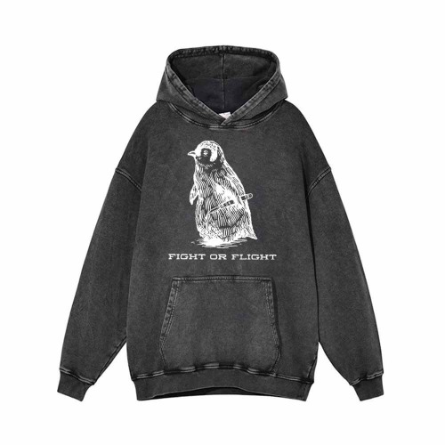 Penguin Fight Or Flight Vintage Washed Hoodie - Black / XL (Bust 124 cm)