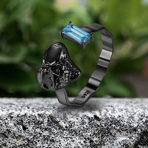 Black Skull Sterling Silver Gemstone Ring - 925 Silver / Adjustable(6-8)