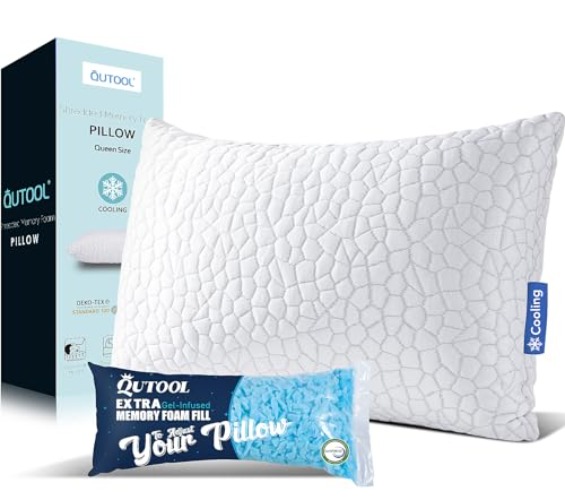 QUTOOL Enhanced Cooling Pillows for Sleeping, Shredded Memory Foam Pillows 2 Pack, Gel Bed Pillows Standard Size Set of 2, Support Yet Soft Pillow for Side, Back Sleepersdd