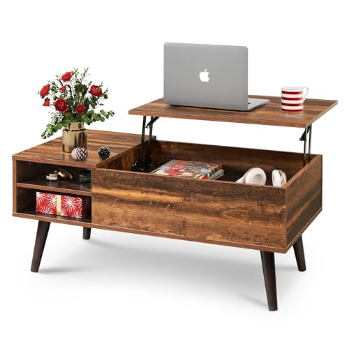 WLIVE Wood Lift Top Coffee Table with Hidden Compartment and Adjustable Storage Shelf, Lift Tabletop Dining Table for Home Living Room, Office, Rustic Oak - Retro Brown - 39.37"D x 19.69"W x 16.93"H
