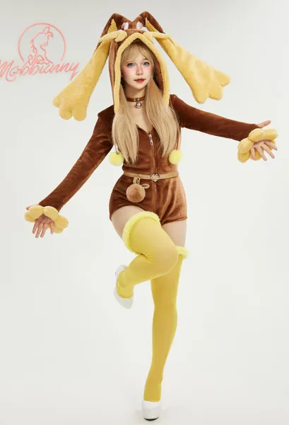 PM Derivative Plush Homewear Fluffy Bodycon Romper Hooded Bodysuit with Thigh Socks and Choker