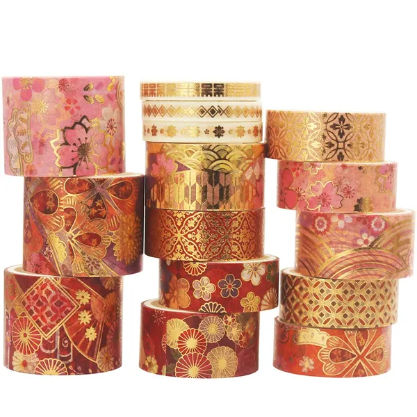 YUBBAEX Splendid Gold Washi Tape Set Embroidery Pattern Foil Decorative Tapes for Arts, DIY Crafts, Journal Supplies, Planners, Scrapbook, Card/Gift Wrapping -15 Rolls- (Fierce Flowers)