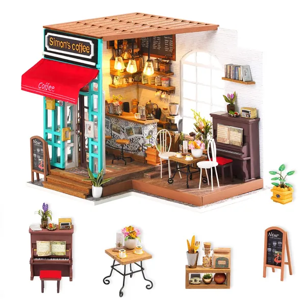 Rolife DIY Miniature Dollhouse Kit Coffee House Wooden Mini House Crafts DIY Model Kits Christmas Birthday Gifts for Boys Girls Women Friends (Simon's Coffee)