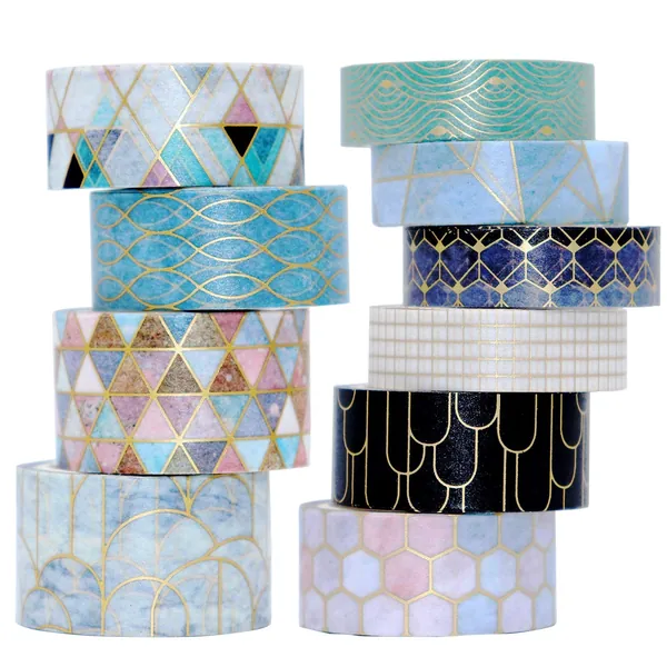 VEYLIN 10Rolls Gold Foil Washi Tape, Golden Stripe Decorative Masking Tape for Notebook and Art Crafts