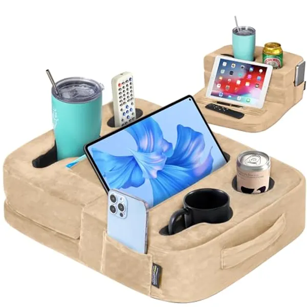 TabCouchCaddy - Couch Cup & Tablet Holder for Couch, Bed, Car, Tablet & Book Holder, Sofa Organizer Caddy for Drinks, Snacks, RV & Car, Tablet Pillow Stand, iPad & Galaxy Tab Compatible (Beige)