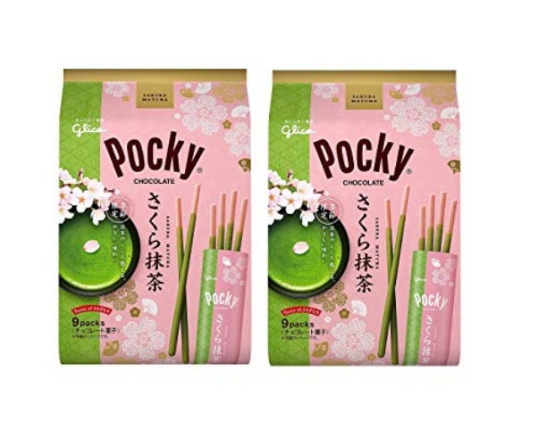 Glico Pocky Sticks Sakura Matcha Green Tea Chocolate Stick Made in Japan Limited Edition ( Pack of 9) 江崎グリコ ポッキーさくら抹茶<9袋> (2 Pack) - 9 Count (Pack of 2)