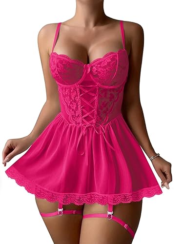 Lilosy Sexy Floral Lace Babydoll NightDress Thong Chemise Lingerie Nightwear - Wire - X-Large - Hot Pink