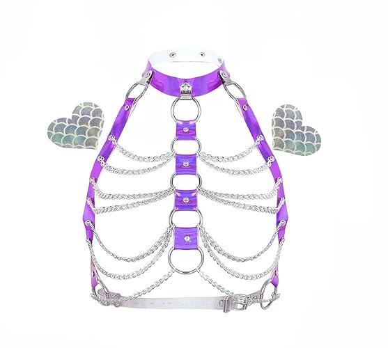 Rave Hologram Body Chest Harness Cage Bra Choker Chain Belts Body Costume with Pasties for Music Festival Roleplay Clubwear - Purple