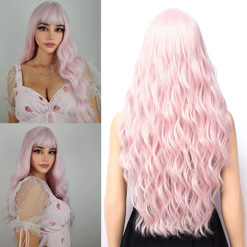 Light Pink Wig, Long Wavy Curly Wig with Bangs for Women, Natural Looking Heat Resistant Long Curly Wig for Cosplay Party Daily Wear - Light Pink