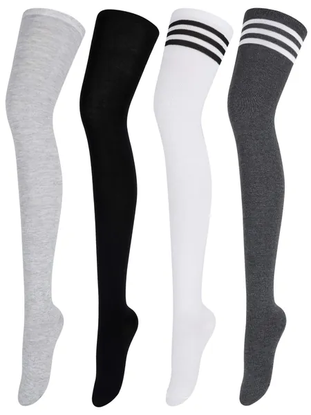 Aneco 4 Pairs Thigh High Knee Socks Extra Long Boot Stockings for Women - Black, Light Grey, Streaks Style