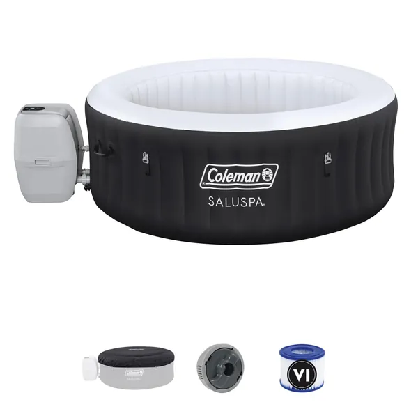 Coleman 13804-BW SaluSpa 71" x 26" 2-4 Person Portable Inflatable Outdoor Round Hot Tub Spa with 60 Air Jets, Tub Cover, Pump, and 2 Cartridges, Black - Black