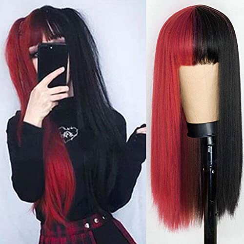 Kaneles Long Half Red Half Black Wigs with Bangs Straight Halloween Cosplay Women Wigs Synthetic Hair Wigs - Half Red Half Black