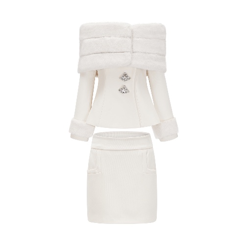 Caitlin white faux-fur jacket & skirt matching set | M / White