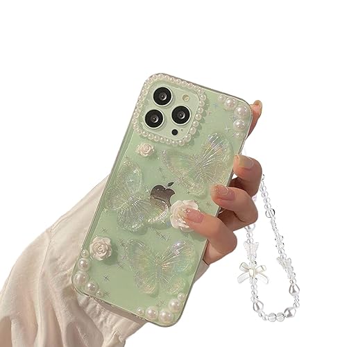Ownest Compatible with iPhone 12 Pro Max Case 3D Butterfly Floral Clear Design Aesthetic Women Teen Girls Glitter Crystal Sparkly Cute Phone Protective Cover for iPhone 12 Pro Max +Pearl Chain - iPhone 12 Pro Max
