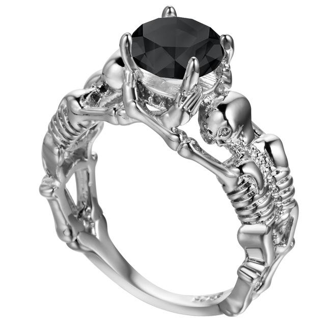'Deathly Duo' silver tone black stone ring - 10 / black stone silver