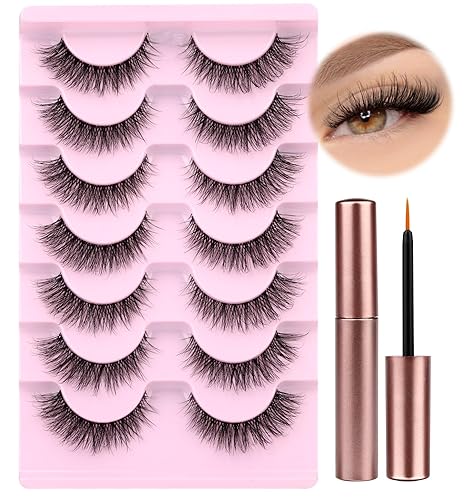 wiwoseo Natural Wispy Fluffy Lashes with Glue Cat Eyes Mink Lashes Clear Band Eyelashes with Glue Kit Russian Strip Lashes Natural Look False Eyelashes Extension Strip Lashes D Curly 7 Pairs Pack - A-16MM