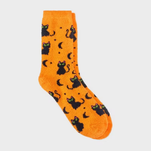 Women's Mystical Cats Halloween Cozy Crew Socks - Hyde & EEK! Boutique™ Orange/Black 4-10