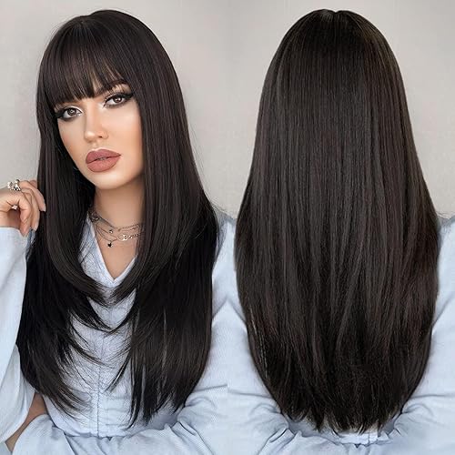 PARK YUN Long Black Straight Wigs for Women 24 inch Glueless Realistic Synthetic Wig with Bangs Heat Resistant Natural Layered Wig for Girls Daily Party Cosplay - Black