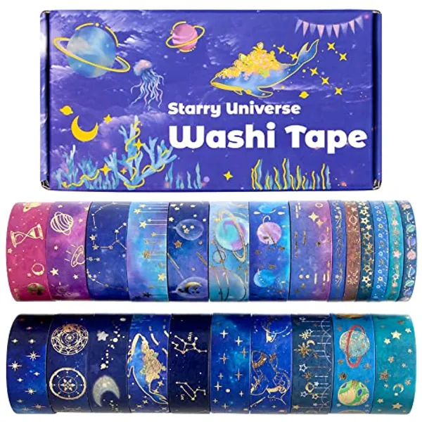 24 Rolls Washi Tape Set - Gold Foil Galaxy Decorative Masking Tape Constellation,Stars,Celestial,Adhesive Tape for Bullet Journal,Diy Craft,Scrapbooking Supplies,Gift Wrapping,Party decoration