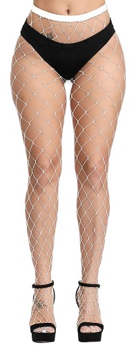 CozyWow High Waist Footed Fishnet Tights Soft & Stretchy Partterned Fishnets Garter Thigh High Stockings for Women - A-white-big Hole