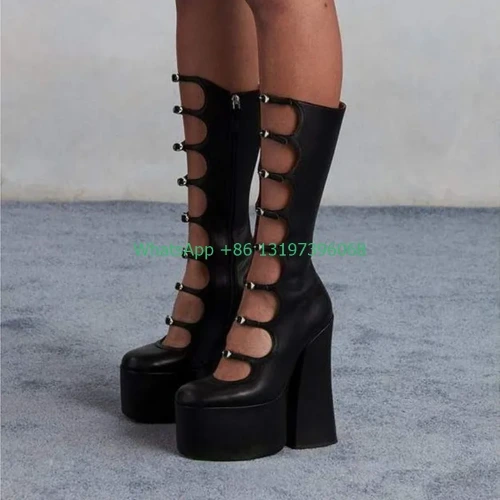 Thick Sole Black Heel Hollow Calf Boots Sexy Footwear