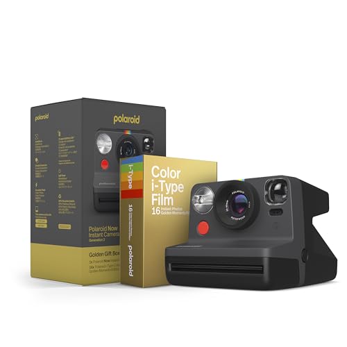 Polaroid Now 2nd Generation I-Type Instant Camera + Golden Moments Film Bundle - Now Black Camera + 16 Gold Color Photos (6288) - Black & Gold - Gen2 Camera + Film